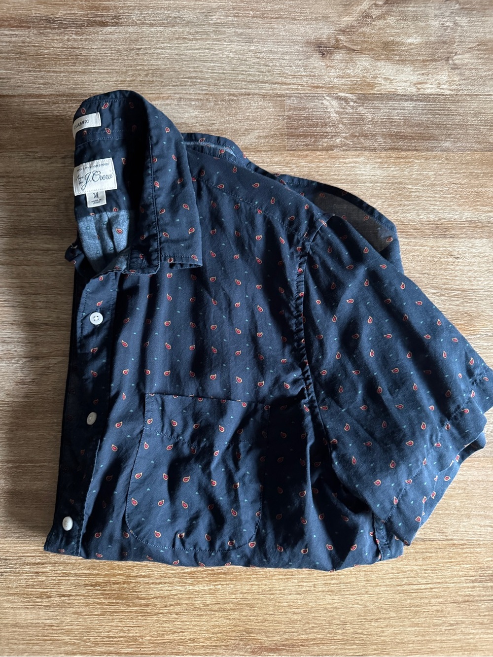 J. Crew Navy Short Sleeve Button Down Shirt with Small Red Paisley Print